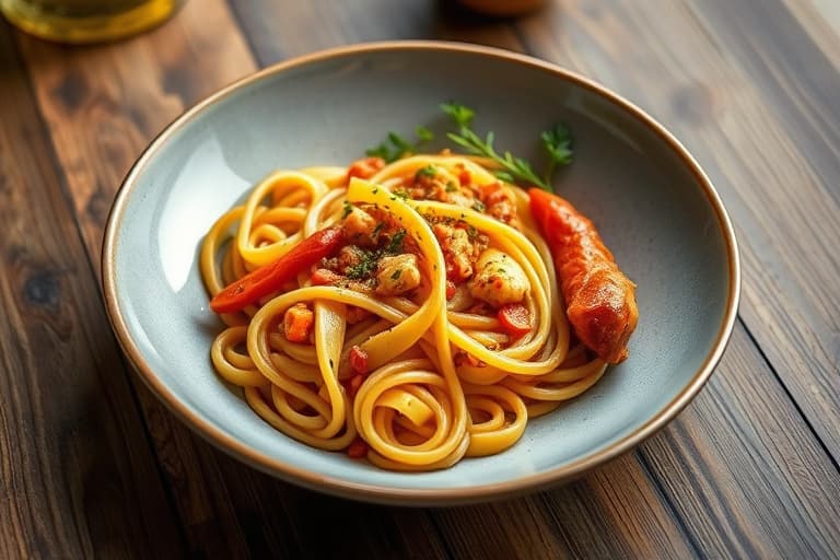 Båndpasta med pølse og søt paprika