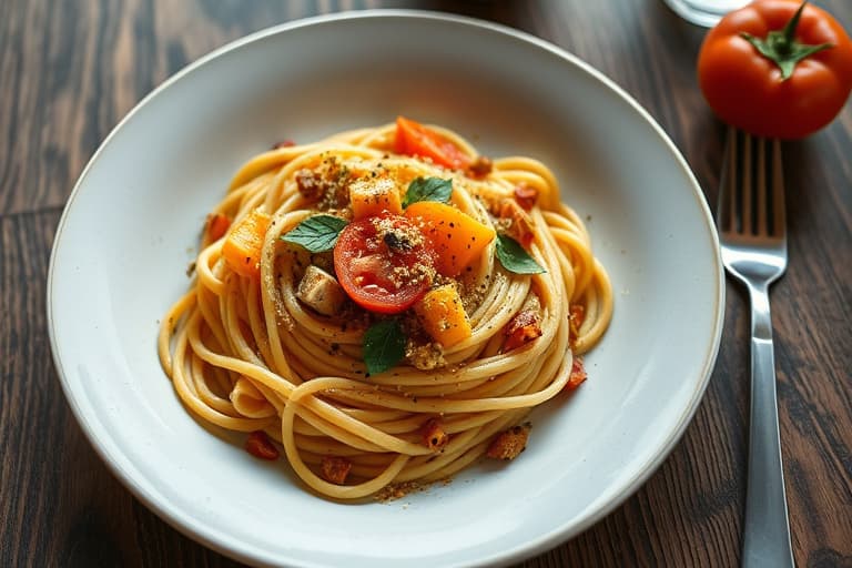 Pasta med kamskjell, squash og tomater