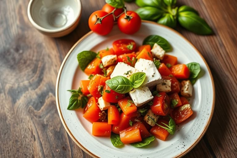 Tomat-, basilikum- og fetaostsalat