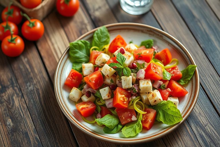Tomatsalat, agurksalat og rødløksalat med mynte