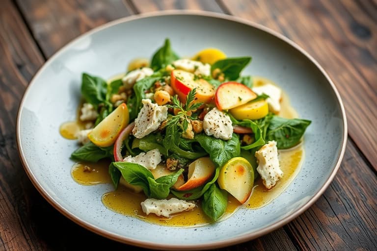 Appelsin-, valnøtt-, gorgonzola- og blandet grønn salat med frisk sitrusvinaigrette