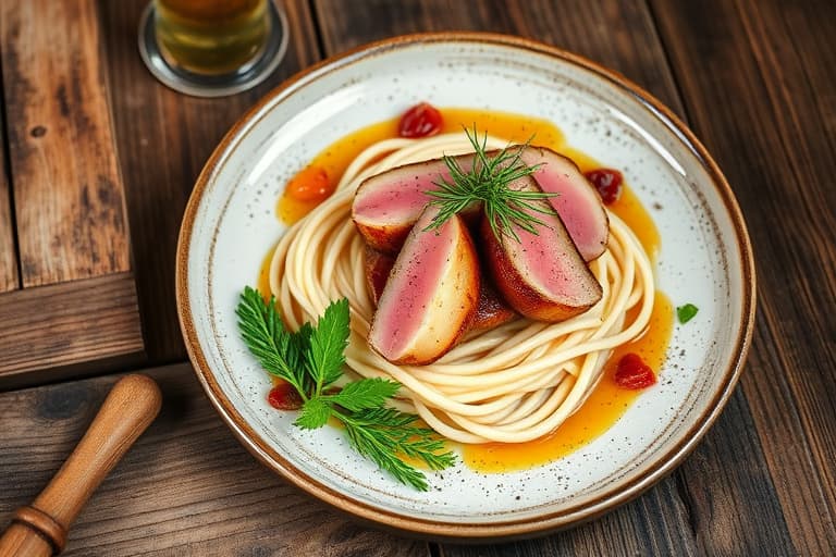 Svinerull fylt med rosmarinduftende svinefilet, ovnsbakt hvitløk, tørkede aprikoser og tranebær, servert med portvinsaus i pannen