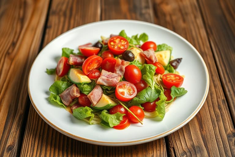 Kyllingsalat med bacon, salat og tomat