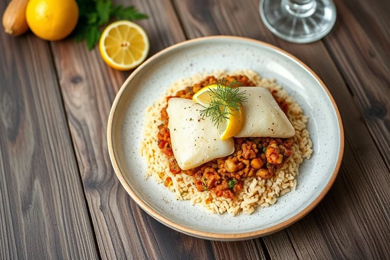 Sitronmarinerte reker over brun ris