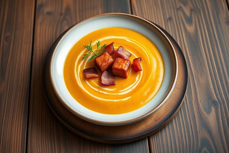 Ristet butternut squash-suppe med epler og bacon