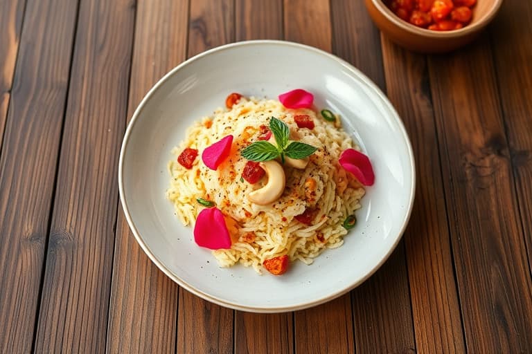 Indisk-inspirert ris med cashewnøtter, rosiner og gurkemeie