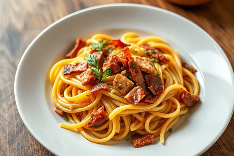 Penne med pancetta og sopp