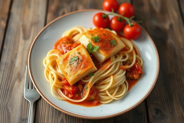 Grillet søt italiensk kyllingpølse med tomatsaus og krem over linguine