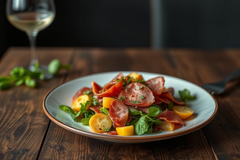 Salat med prosciutto, karamelliserte pærer og valnøtter