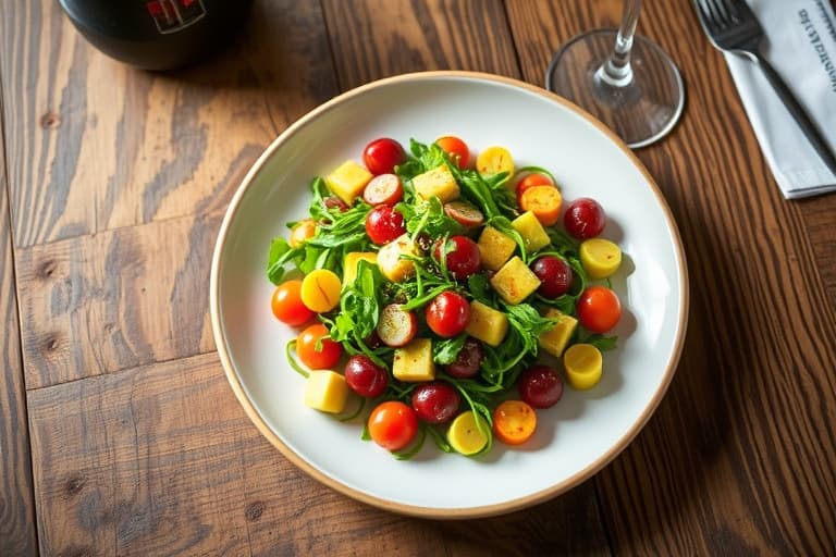 Eplesalat med pekannøtter, tranebær, avokado og spinat, servert med balsamico dressing