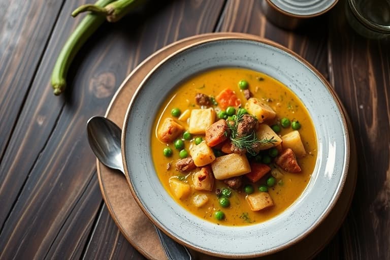 Langtidskokt grønnsak- og kjøttsuppe med okra