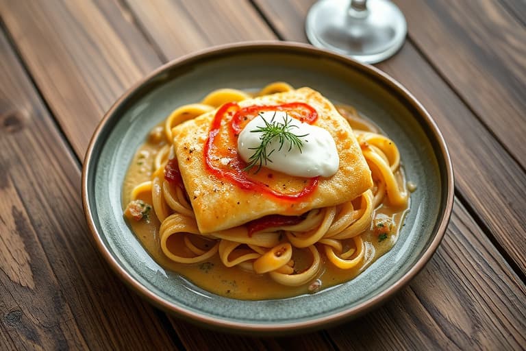 Pannekaker med lønnesirup- og valnøttpraliné og crème fraîche