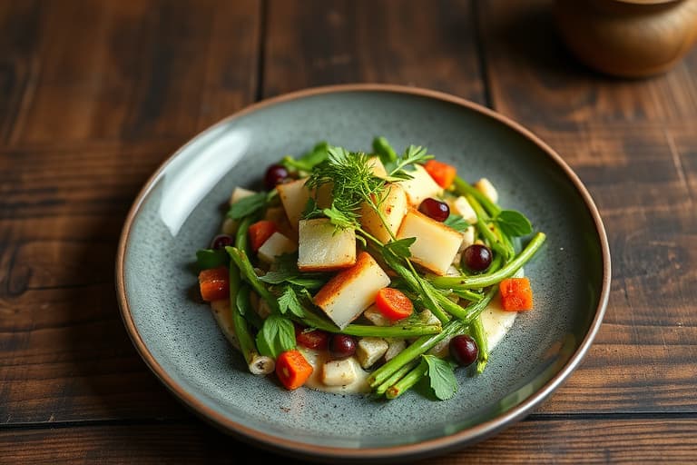 Rå sennepsbladssalat med Gruyère og ansjospai og krutonger