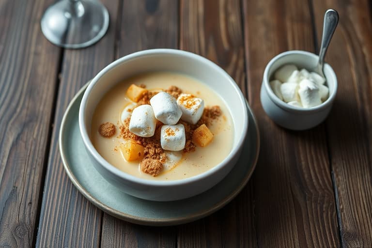 Salt og søt gresskarpietesuppe med kanelmarshmallows, pepitasstreusel og pisket crème fraîche