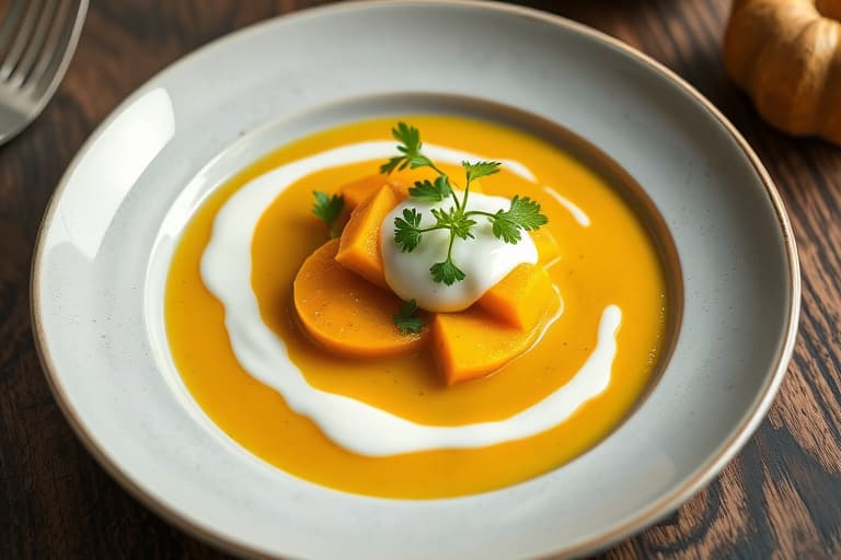 Kald gul squash- og purresuppe med koriander og sitroncrème fraîche