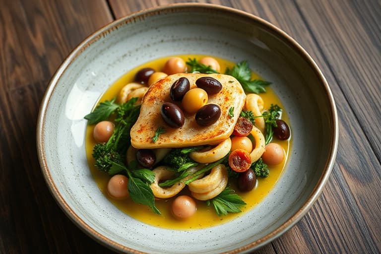 Kyllingsauté med grønne oliven på toppen