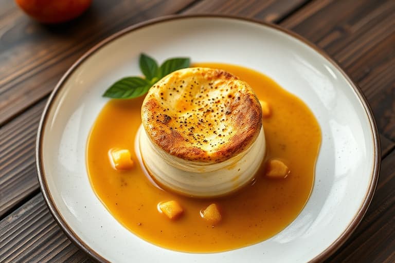 Soufflé av butterdeig med appelsinsmakende krem, kandiserte pekannøtter og karamellsmørsaus