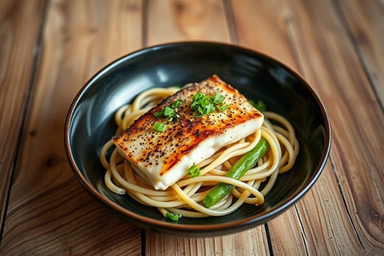 Black Cod-filéter kokt i femkrydderbuljong med babybok choy og udon