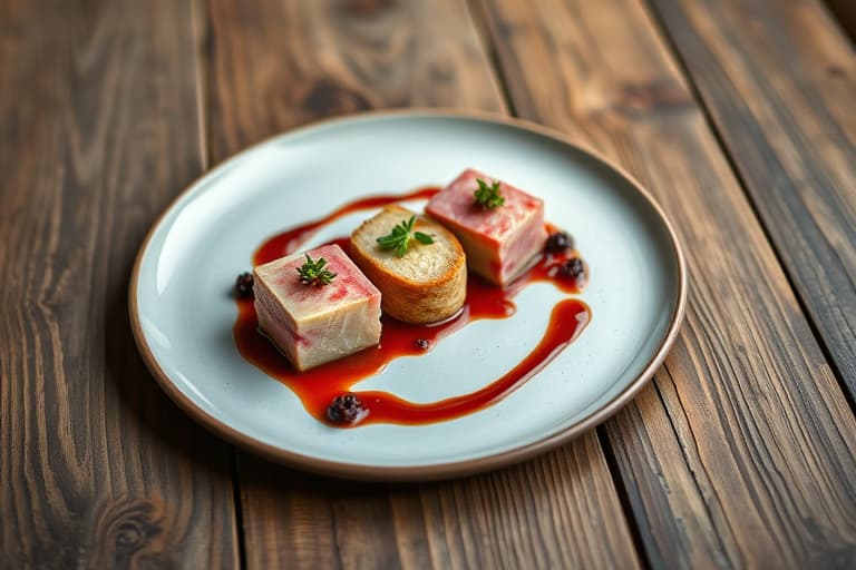 Trio av andebryst, confit av låret og stekt foie gras med horseradish- og selleripuré samt huckleberry-brandy-saus