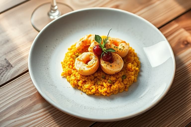 Stekte scampi med pistachio-kruste, servert med papaya- og mandarinrisotto, toppet med en hash av tre typer pepper og spirer