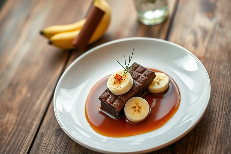 Bitter varm sjokolade, banan-gingersnap-brûlée, cayenne-pisket krem