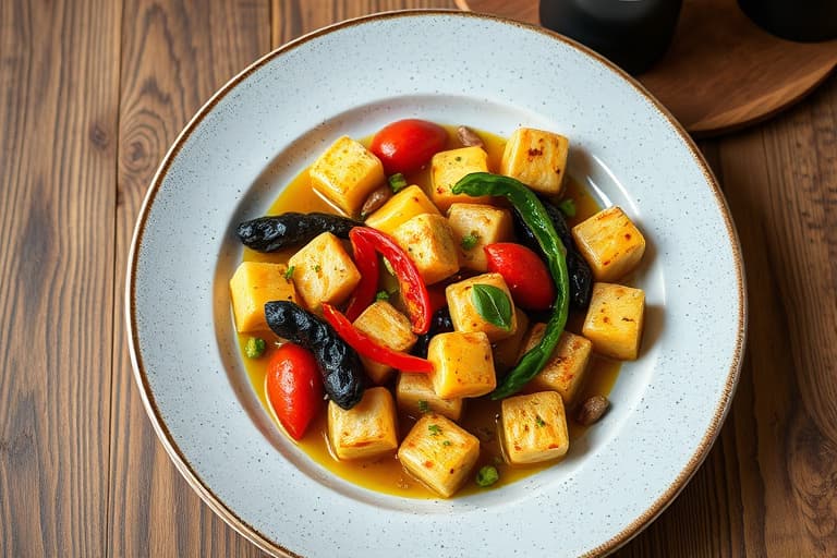 Kylling marinert i urter med pikillo-peppers og nicoise-olivenrøre, servert med gaffelmosede poteter med olivenolje og persille