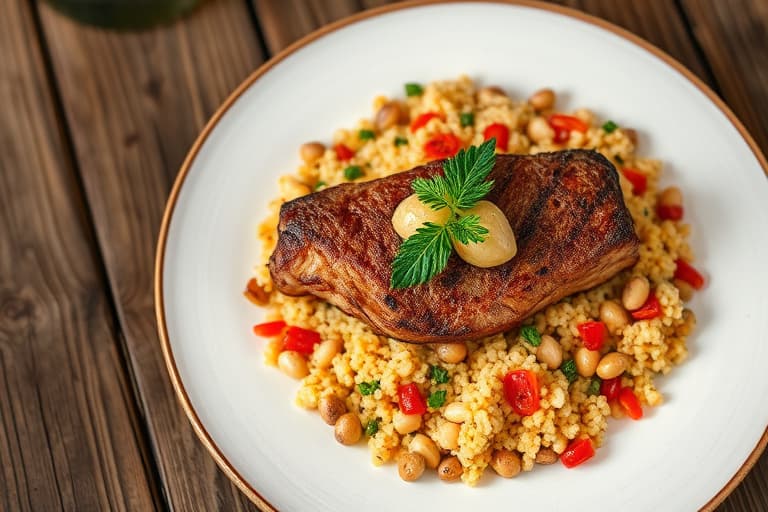 Stekt kylling med geitost- og makadamianøttskorpe og persille- og pimiento-couscous