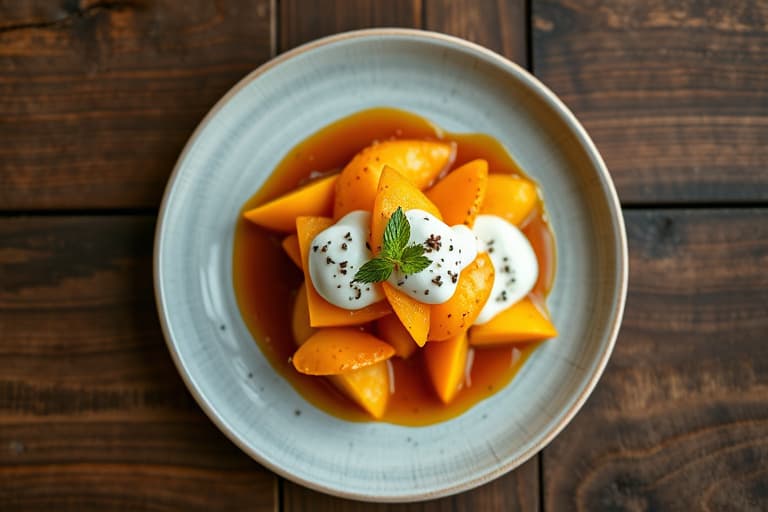 Mangoes Foster med crème fraîche