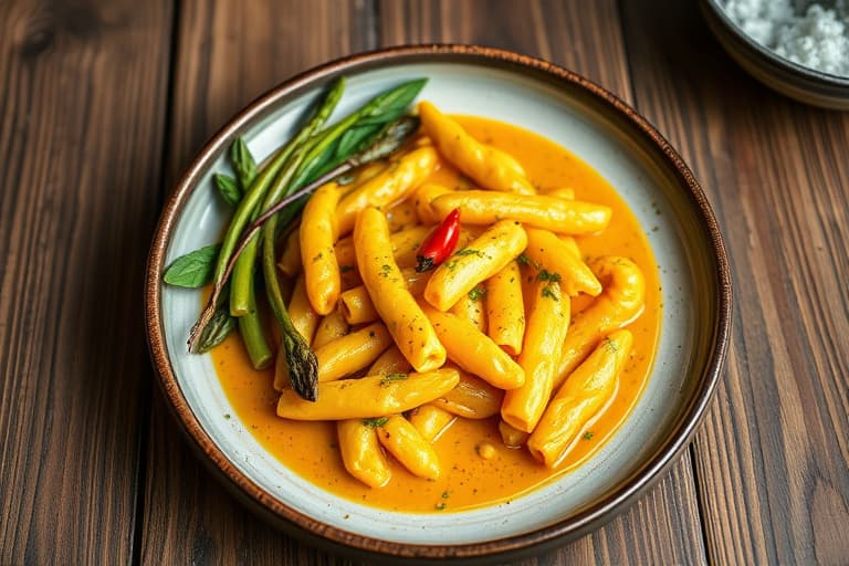 Jernpanne med karrifritert kylling, curry- og mangoyoghurtsaus, samt asparges med rød chili