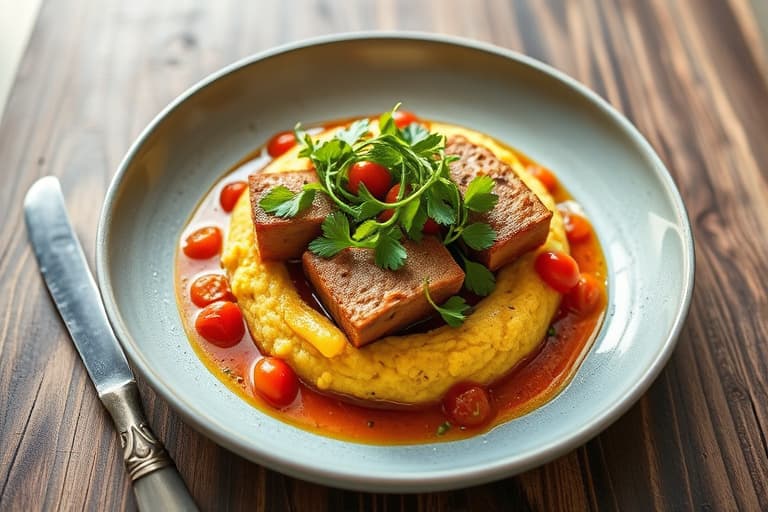 Pepperkrydret lammeloin, babyruccola, ovnsbakt polenta med pinjekjerner og hvit trøffel-tomatdemi