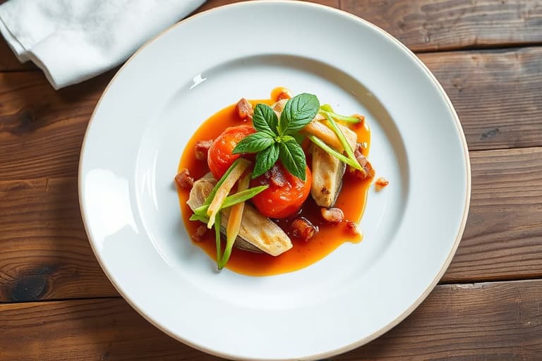 Deconstruert ovnsbakt tomatgrøt med reker, servert med sauterte baby-sennepsblader og baconconfit