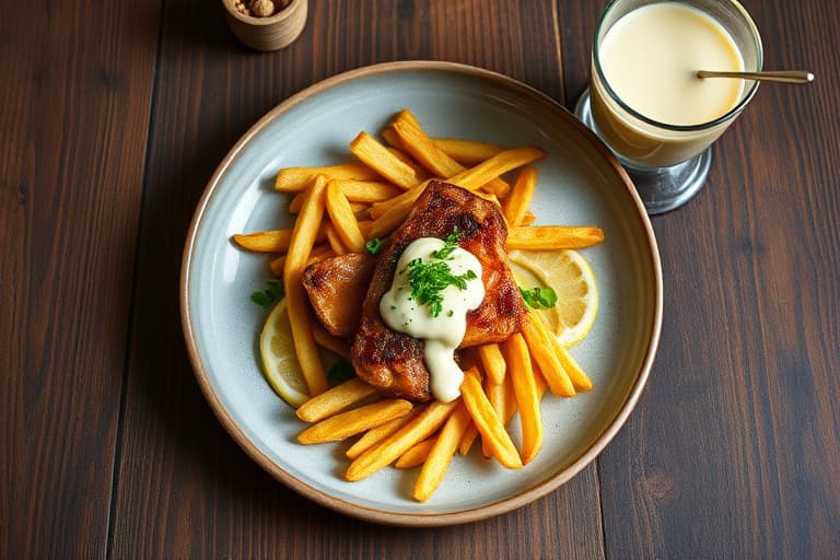 Kystlinjeens stekte hellefilet med tofufrites, soyasaus-aioli, mosede edamamebønner og soyavaniljemilkshake