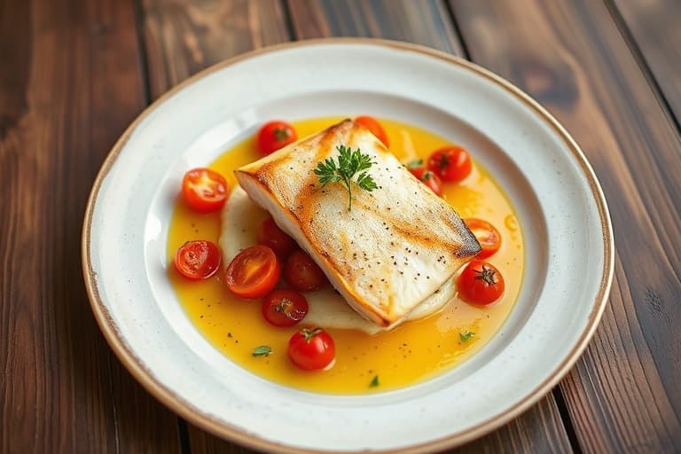 Panert dorado med hvit bønnepuré, tomatrelish med ristede spisskummenfrø og lagret sherry-vinaigrette