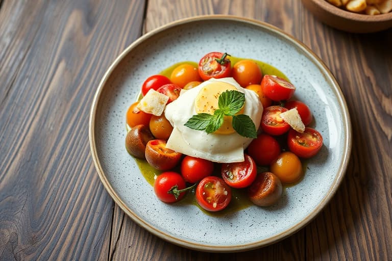 Brasede og ovnsbakte Roma-tomater med grønn zebra-gazpacho og grillet skarp cheddar