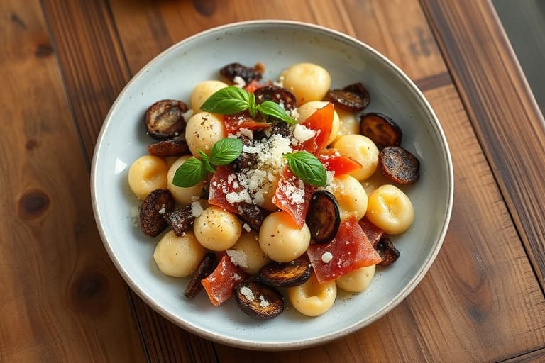 Ricotta-gnocchi med ovnsbakt mais, brunet smør, sprø prosciutto, parmesan og fersk basilikum