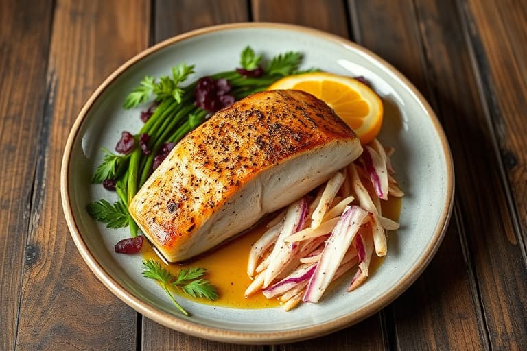 Laks med lønnesirup- og sennepsglasur, krydret med pepper, servert med rosenkålsslaw