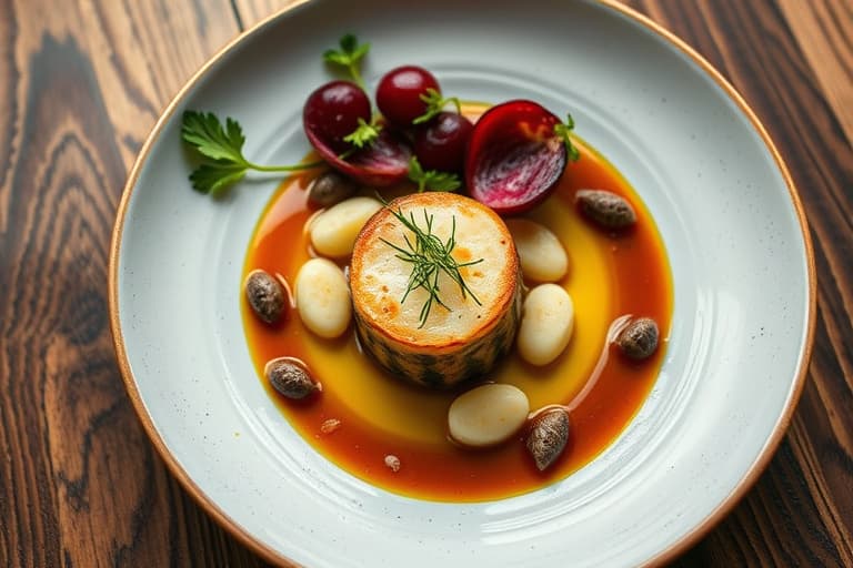 Sous Vide skole med salsify-puré, marmorfestpotet, heirloom-tomat og fennikel