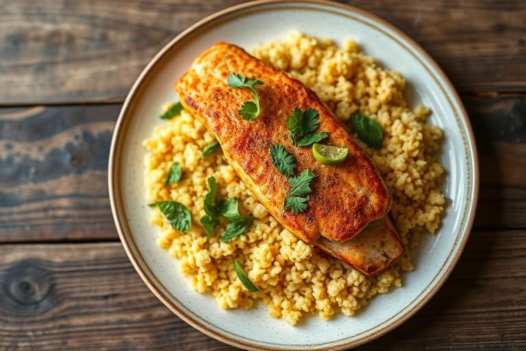 Sesam-krustert rød snapper med ingefærdressing og sprø grønnsaker, samt curry-couscous med mandler