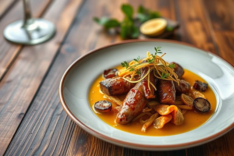 Buffalofilet med honningristede Vidalia-løk fylt med sukkererter, enoki-sopp og gulrøtter