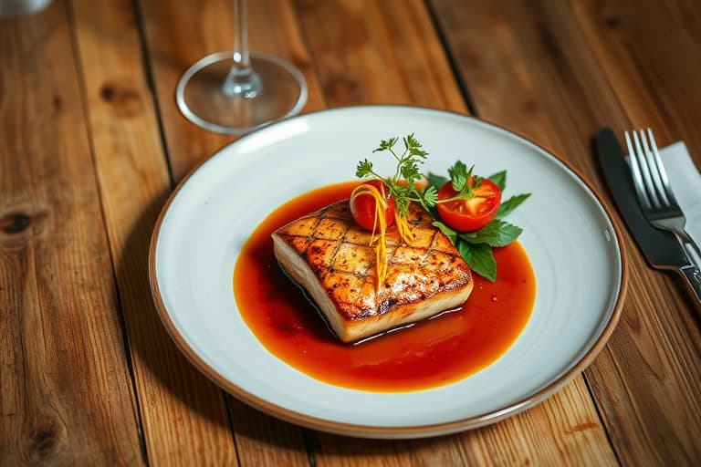 Surf and Turf-tilbud: Bifffilet med Manhattan-saus, stekte kamskjell og sitronaktige aspargesstenger