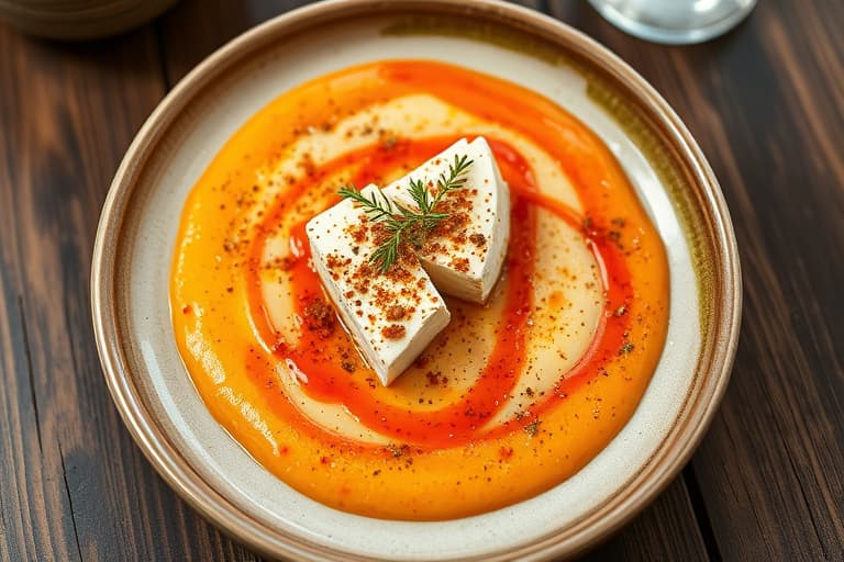 Grillet fetaost og paprika på puré av hvite bønner