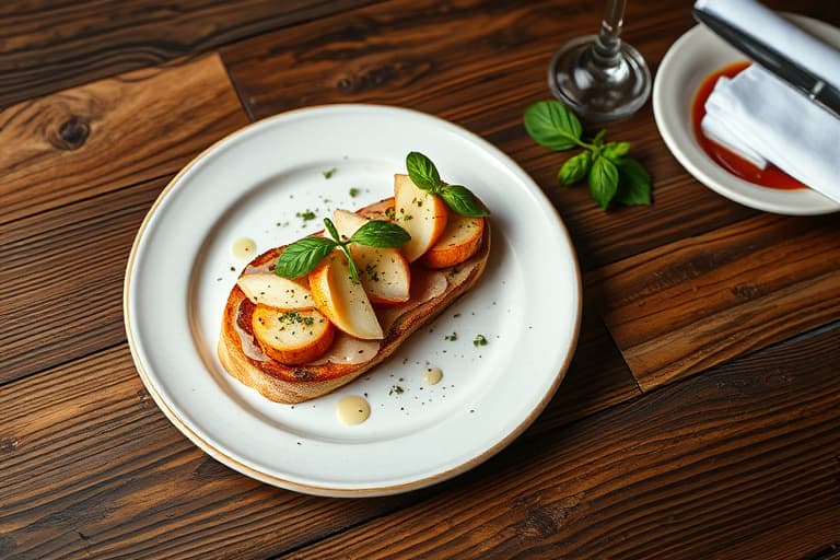 Salt og søt fransk toast med hjemmelagde pølsebiter og varm honning, jordbær og basilikum