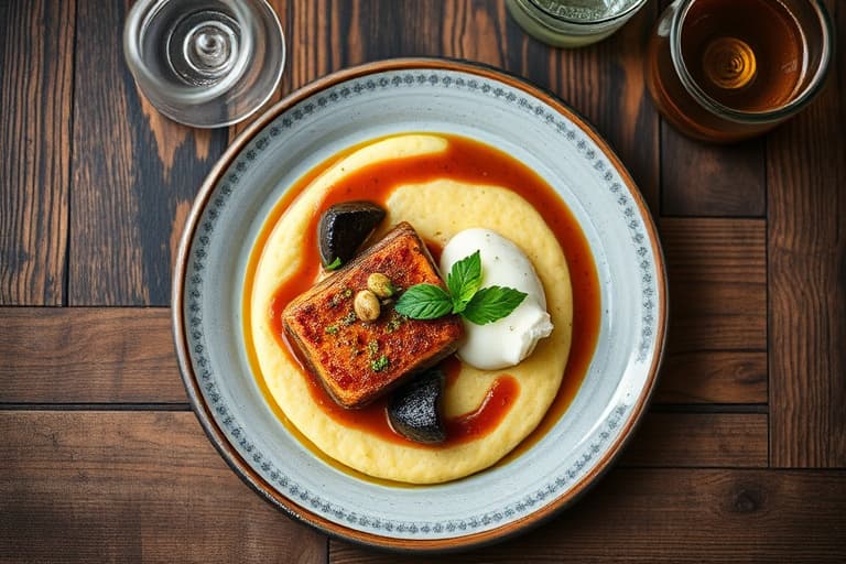 Stekt muskovydbryst med svart pepper-søt sennepssaus og myk mascarpone-polenta med asparges og purre