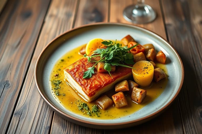 Grillet lammelårkotelett med ovnsbakte søtpoteter med sennep og salvie, pesto av meksikansk mynte og marigold, samt varm geitostsaus