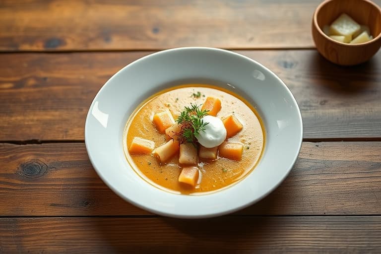 Kald vårertssuppe med ertepuré, krabbesalat, crème fraîche og mynte