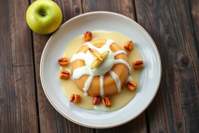 Granny Smith- epler og ingefærbrød-pudding med vaniljebønne-krème anglaise og crème fraîche- pisket krem