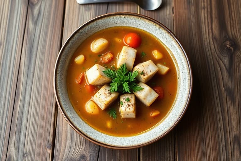 Panestekt arktisk ørret og oppdrettede blåskjell i en røkt tomat- og grønnhvitløkssuppe med posole