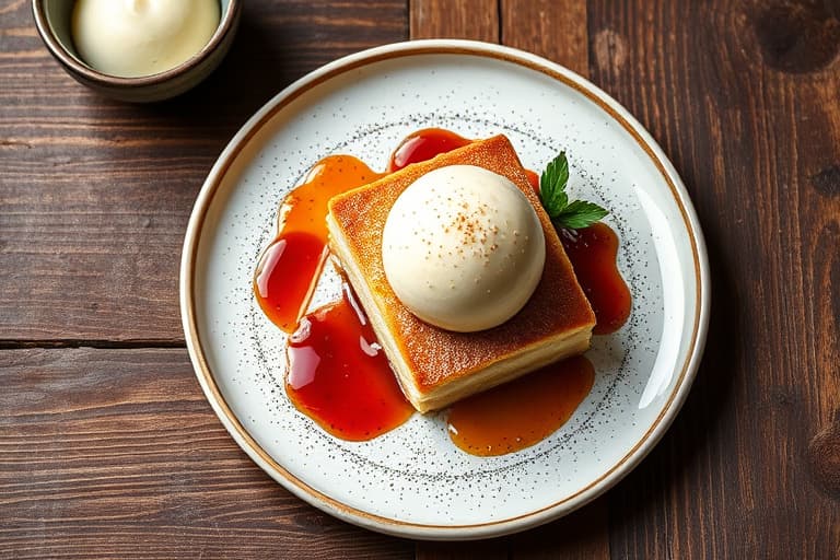 Eple-kirsebær-hvit sjokolade frangipane-terte med grønt eplesorbet og kirsebær-eple-brandy-kompote