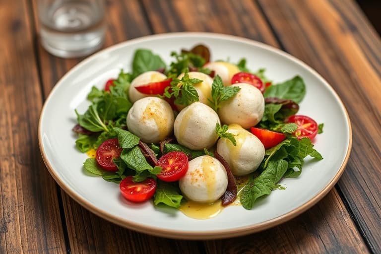 Salat med mesclun-blader, tørkede tranebær, mascarpone-dumplings og champagnevinaigrette