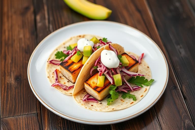 Grillede fisketacos med avokadorelish, røykfylt tomat- og gresk yoghurtcreme, samt rødkål- og sitruscoleslaw